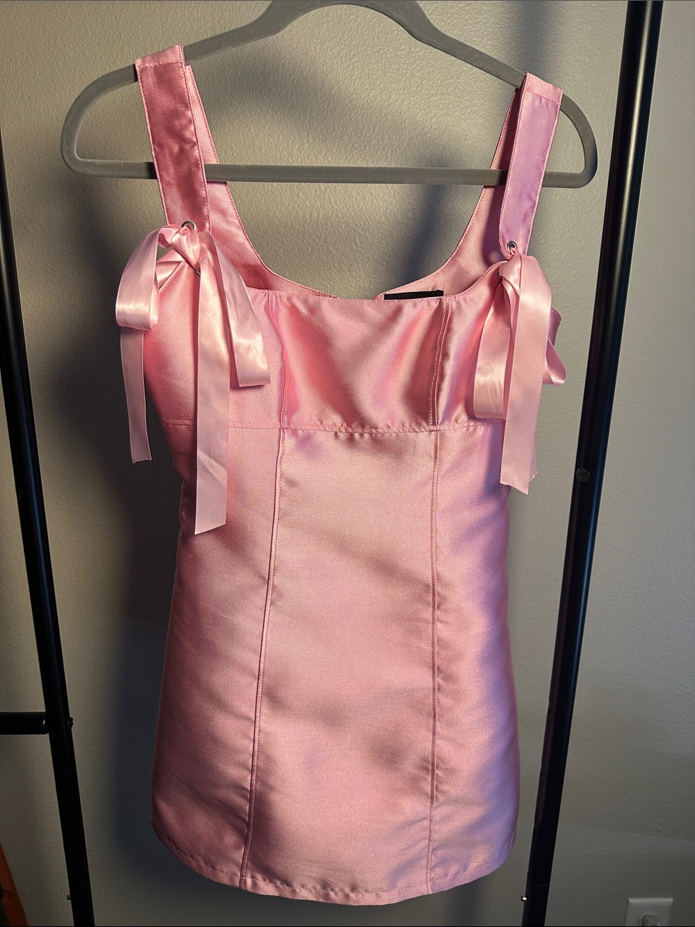 Dolls Kill Satin Mini Dress in Pink with Ribbon Ties